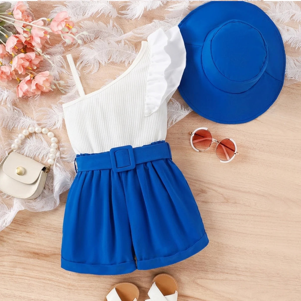 Girls White One-Shoulder Ribbed Top And Shorts Sets With Hat 2 pc. Sets White 3-4 Y