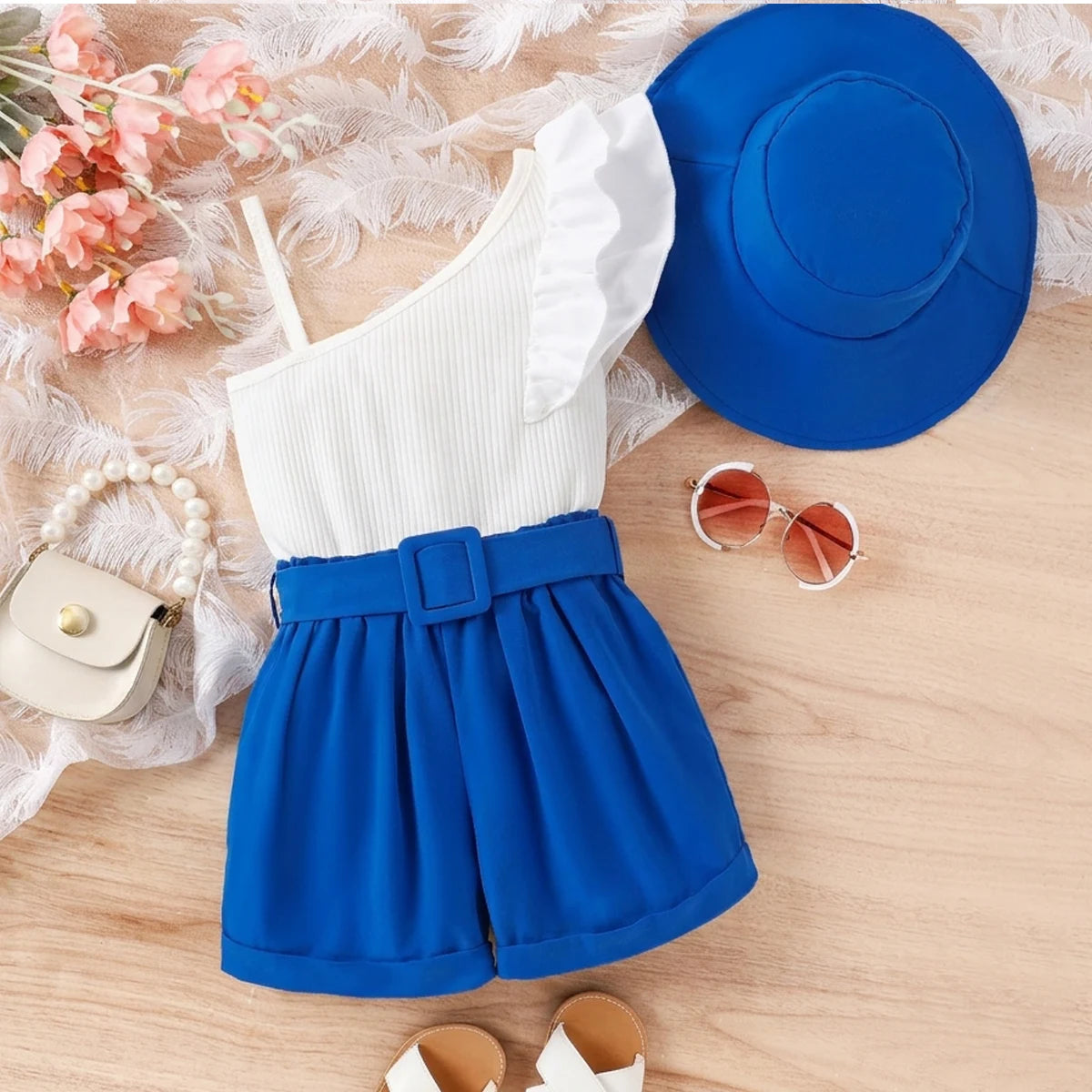 Girls White One-Shoulder Ribbed Top And Shorts Sets With Hat 2 pc. Sets White 3-4 Y
