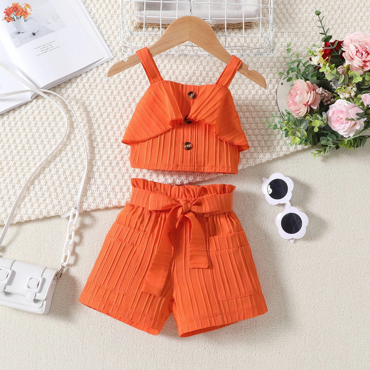 Girls Orange Ruffle Sleeveless Crop Top With Shorts Sets 2 pc. Sets Orange 1-2 Y
