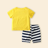 Boys Yellow Crocodile Cartoon Printed T-Shirt With Stripes Shorts Set Sets
