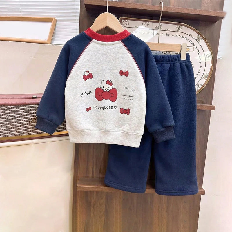 Girls Navy Blue Cat Cartoon Printed Sweatshirt With Pants Sets Sets