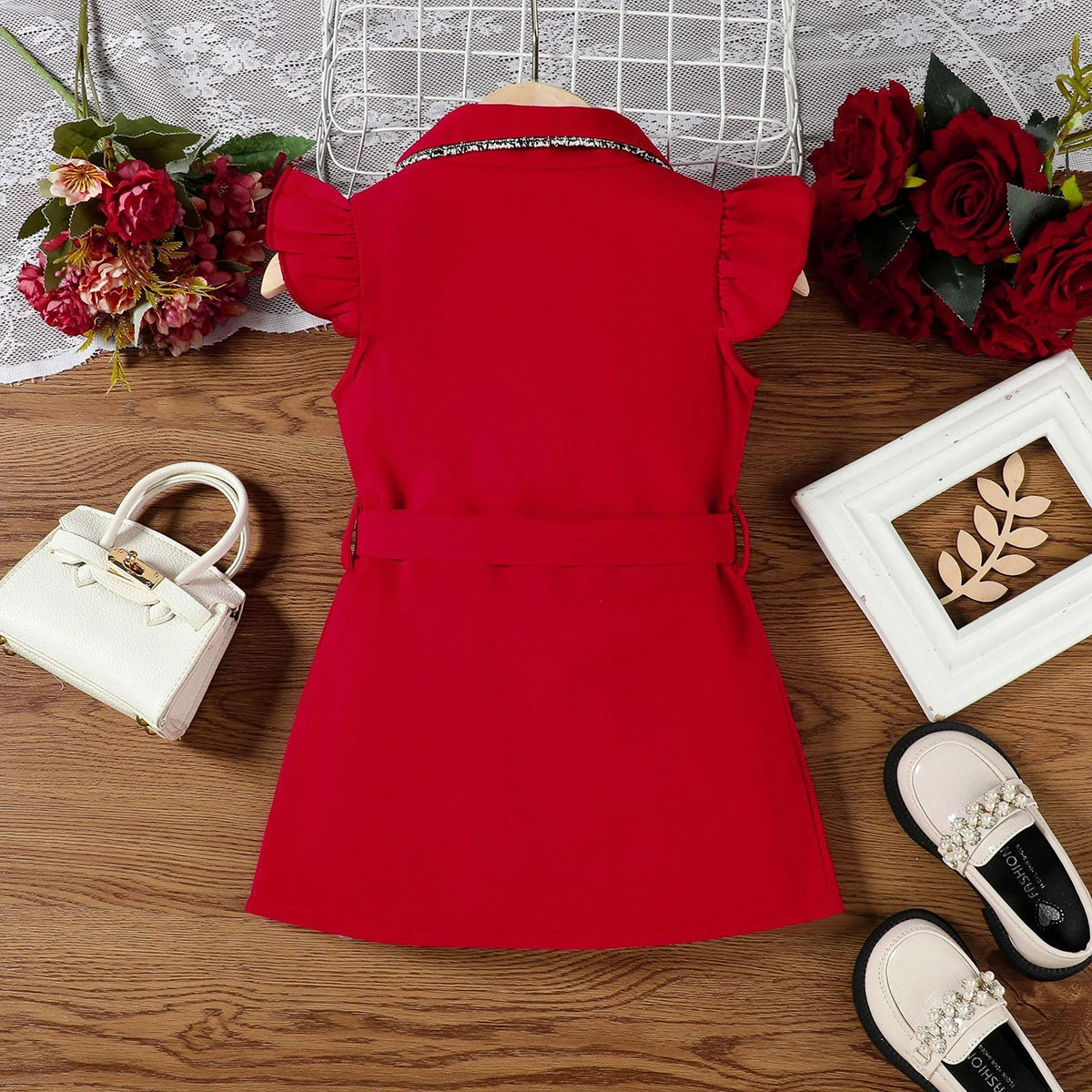 Girls Red Cap Sleeve Belted Blazer Dress Casual Dresses