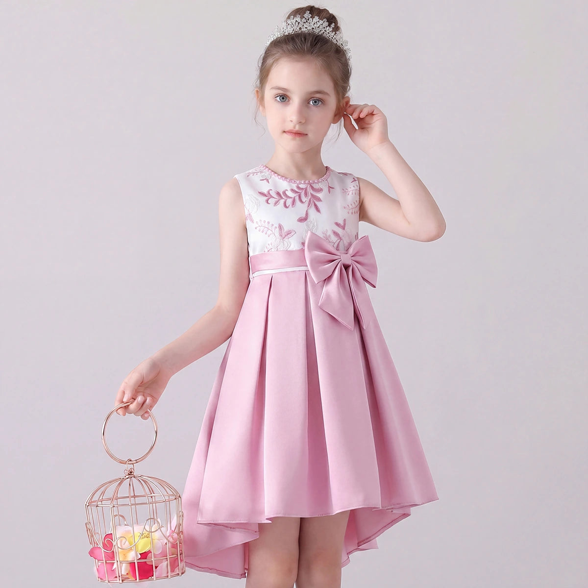 Girls Pink Embroidered Sleeveless High-Low Party Wear Dress Party Dresses