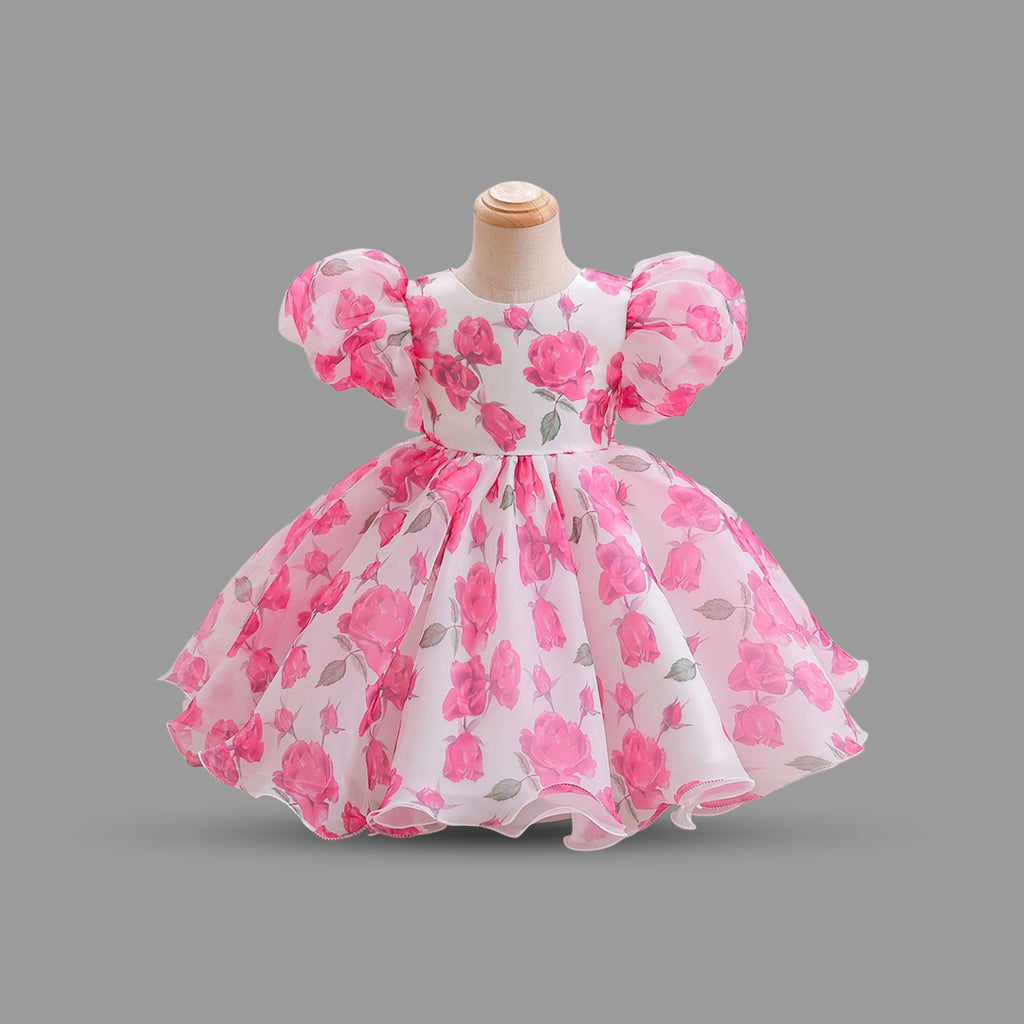 Girls Floral Print Puff Sleeves Party Dress