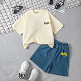 Boys Apricot Short Sleeves Round Neck T-Shirt With Denim Shorts Set