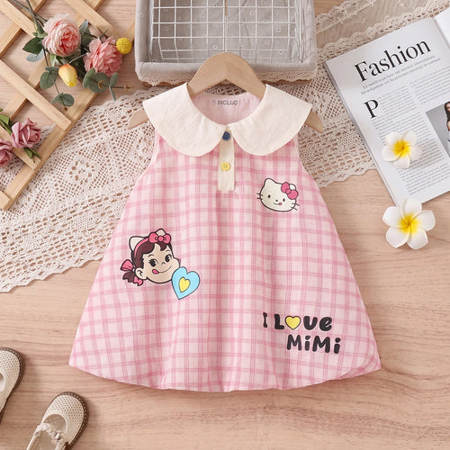 Girls Pink Sleeveless Checked Balloon Dress Casual Dresses Pink 1-2 Y