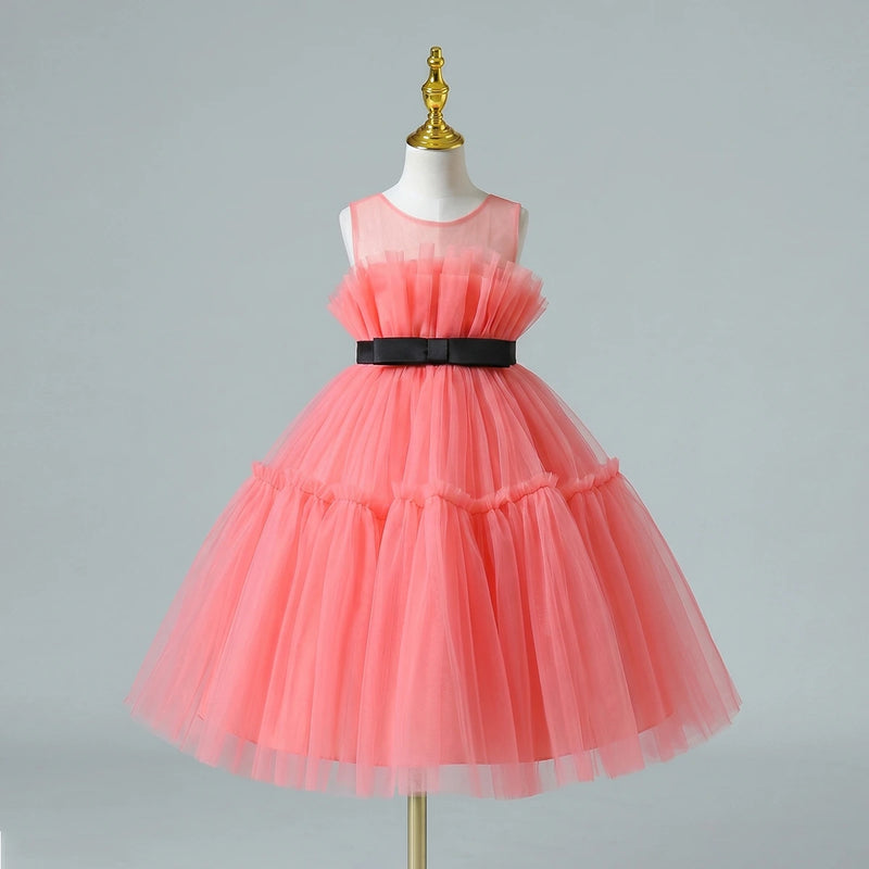Girls Peach Sleeveless Tutu Partywear Dress With Back Bow Party Dresses Peach 1-2 Y