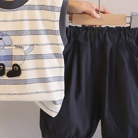 Boys Beige Animal Striped Sleeveless T-Shirt With Elasticated Shorts Sets 2 pc. Sets