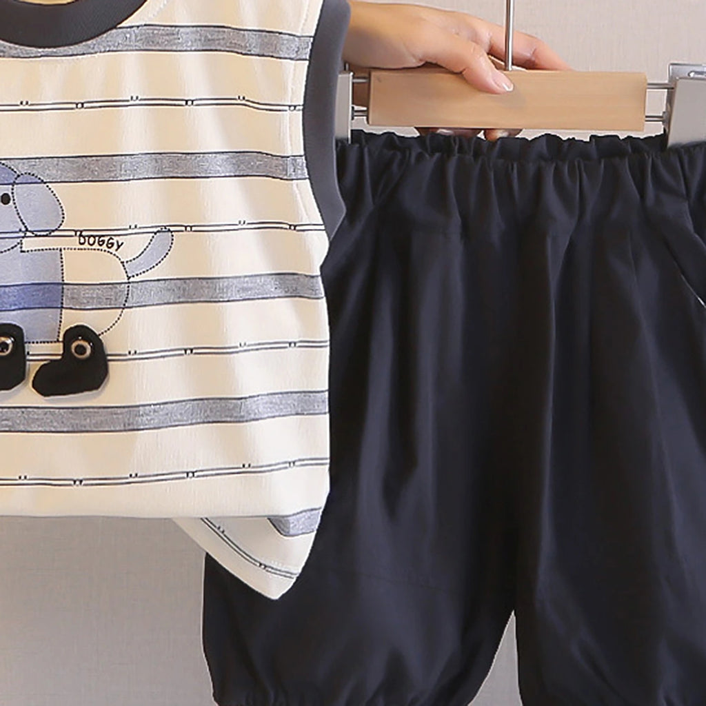 Boys Beige Animal Striped Sleeveless T-Shirt With Elasticated Shorts Sets 2 pc. Sets
