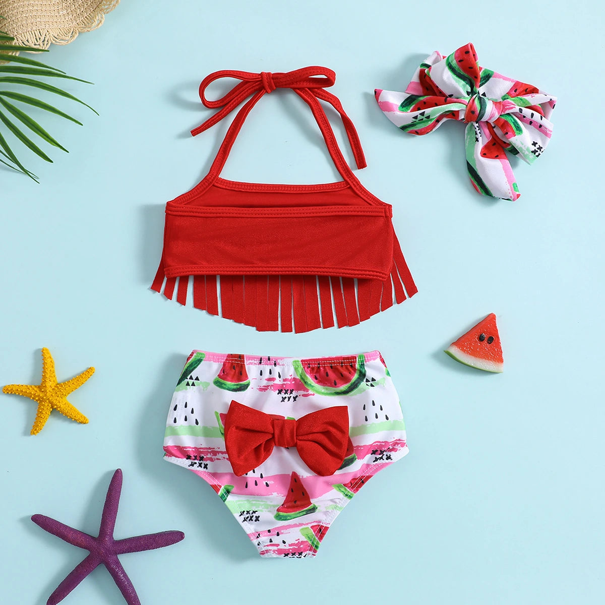 Girls Red Halter Top With Watermelon Print Briefs & Headband Swimwear Sets Sets