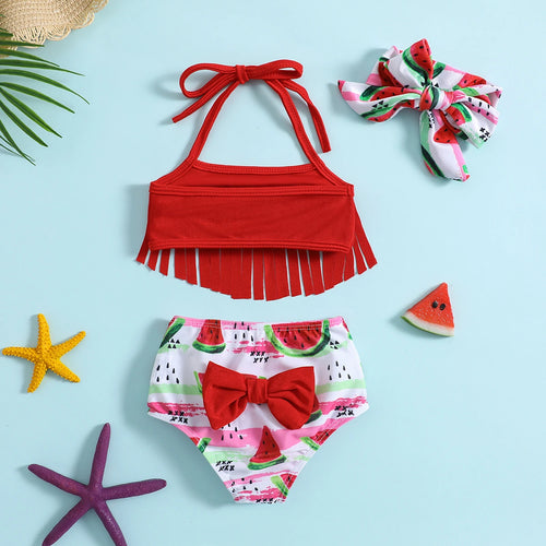 Girls Red Halter Top With Watermelon Print Briefs & Headband Swimwear Sets Sets