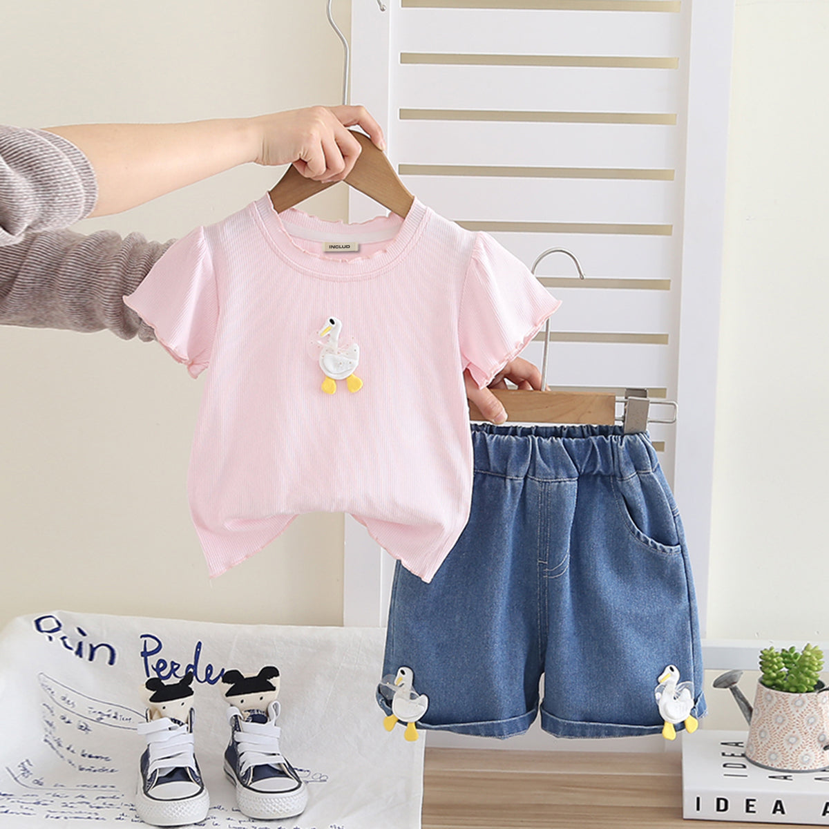 Girls Light Pink Applique T-Shirt With Denim Shorts Set 2 pc. Sets Light Pink 1-2 Y