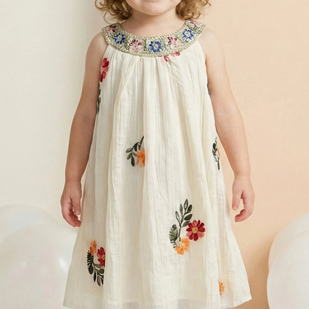 Girls Beige Floral Embroidered Sleeveless A-line Dress Casual Dresses