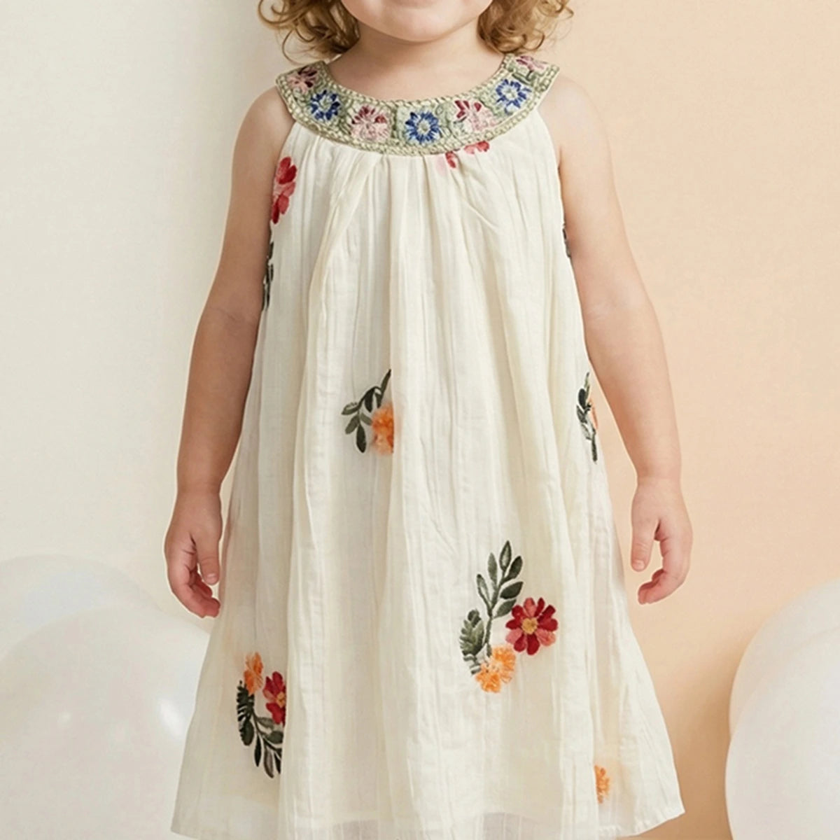 Girls Beige Floral Embroidered Sleeveless A-line Dress Casual Dresses