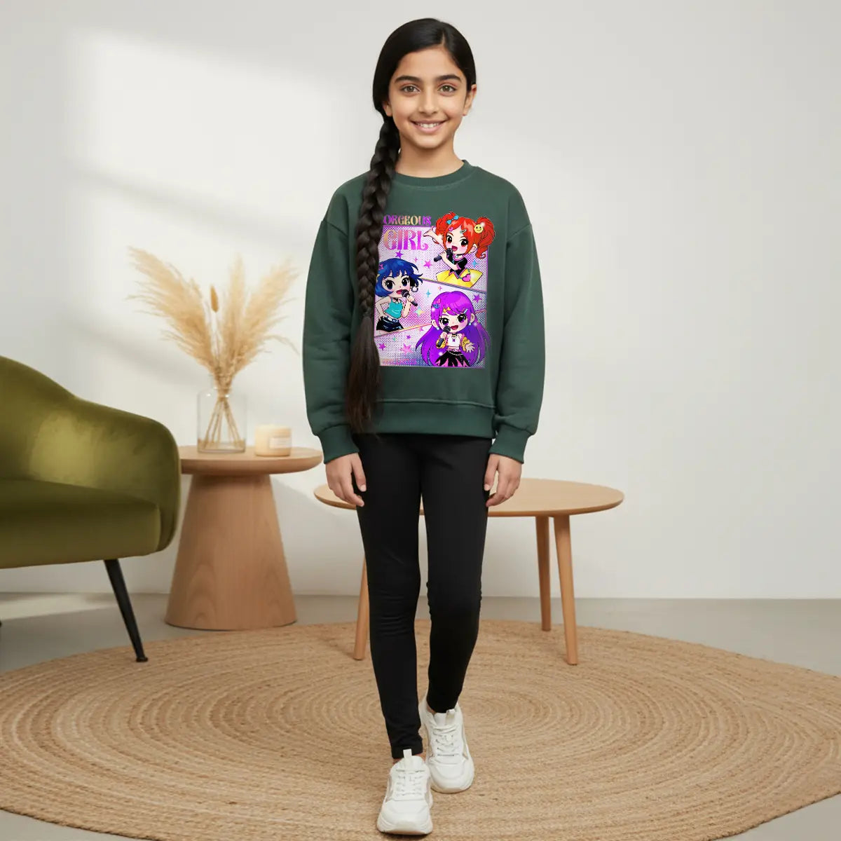 Girls Green K-Pop Gorgeous-Girl Graphics Sweatshirt Sweatshirts & Hoodies Green 3-4 Y