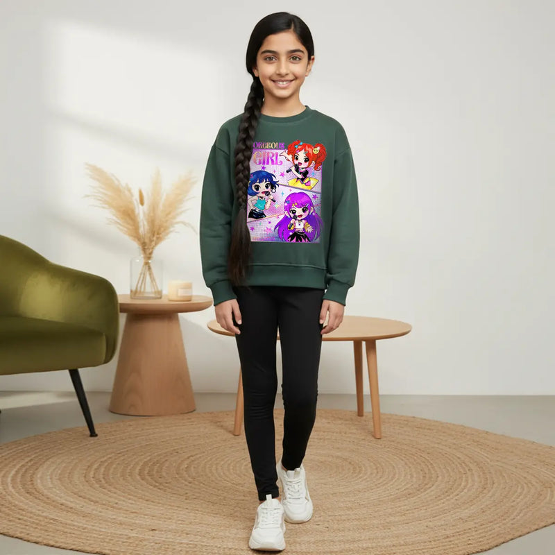 Girls Green K-Pop Gorgeous-Girl Graphics Sweatshirt Sweatshirts & Hoodies Green 3-4 Y