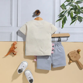 Boys Beige Dinosaur Applique Short Sleeve T-Shirt With Elasticated Shorts Sets 2 pc. Sets
