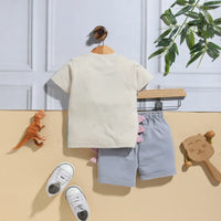 Boys Beige Dinosaur Applique Short Sleeve T-Shirt With Elasticated Shorts Sets 2 pc. Sets