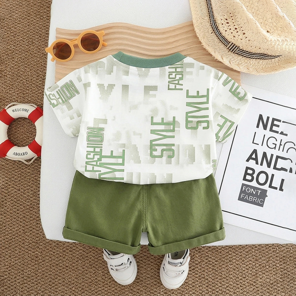 Boys Olive Green Typographic Printed Short Sleeve T-Shirt With Shorts Sets 2 pc. Sets