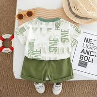 Boys Olive Green Typographic Printed Short Sleeve T-Shirt With Shorts Sets 2 pc. Sets