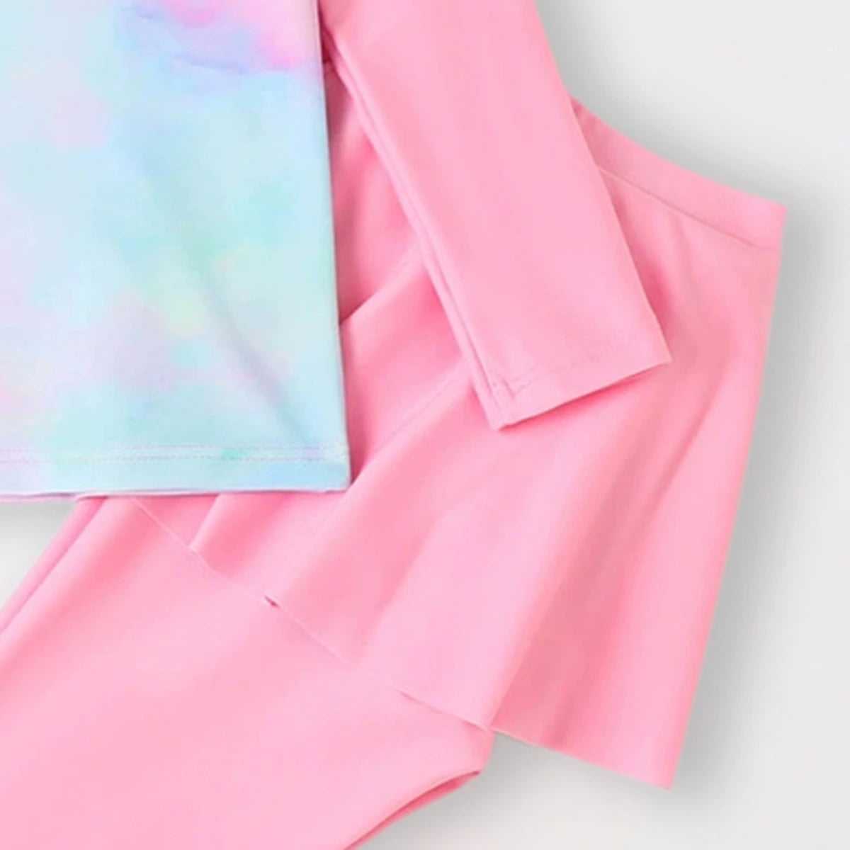 Girls Pink Tye-dye Printed T-Shirt & Skirt With Attached Legging Swimwear sets Sets