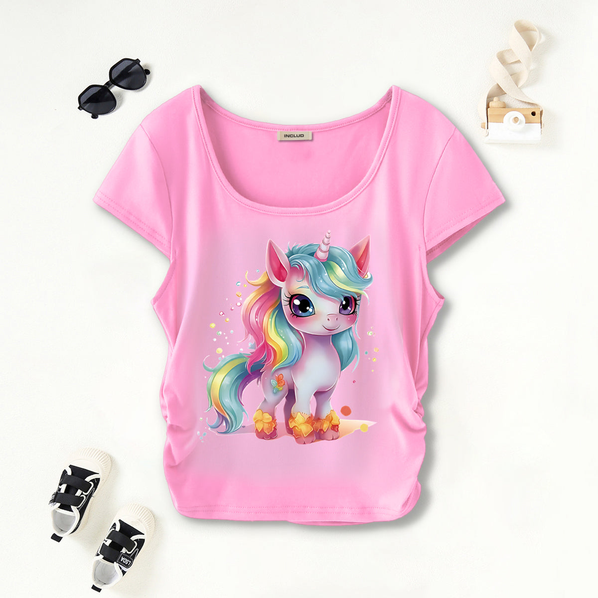 Girls Light Pink Graphic Unicorn Print Short Sleeves Scoop Neck T-Shirt Tshirts Light Pink 7-8 Y