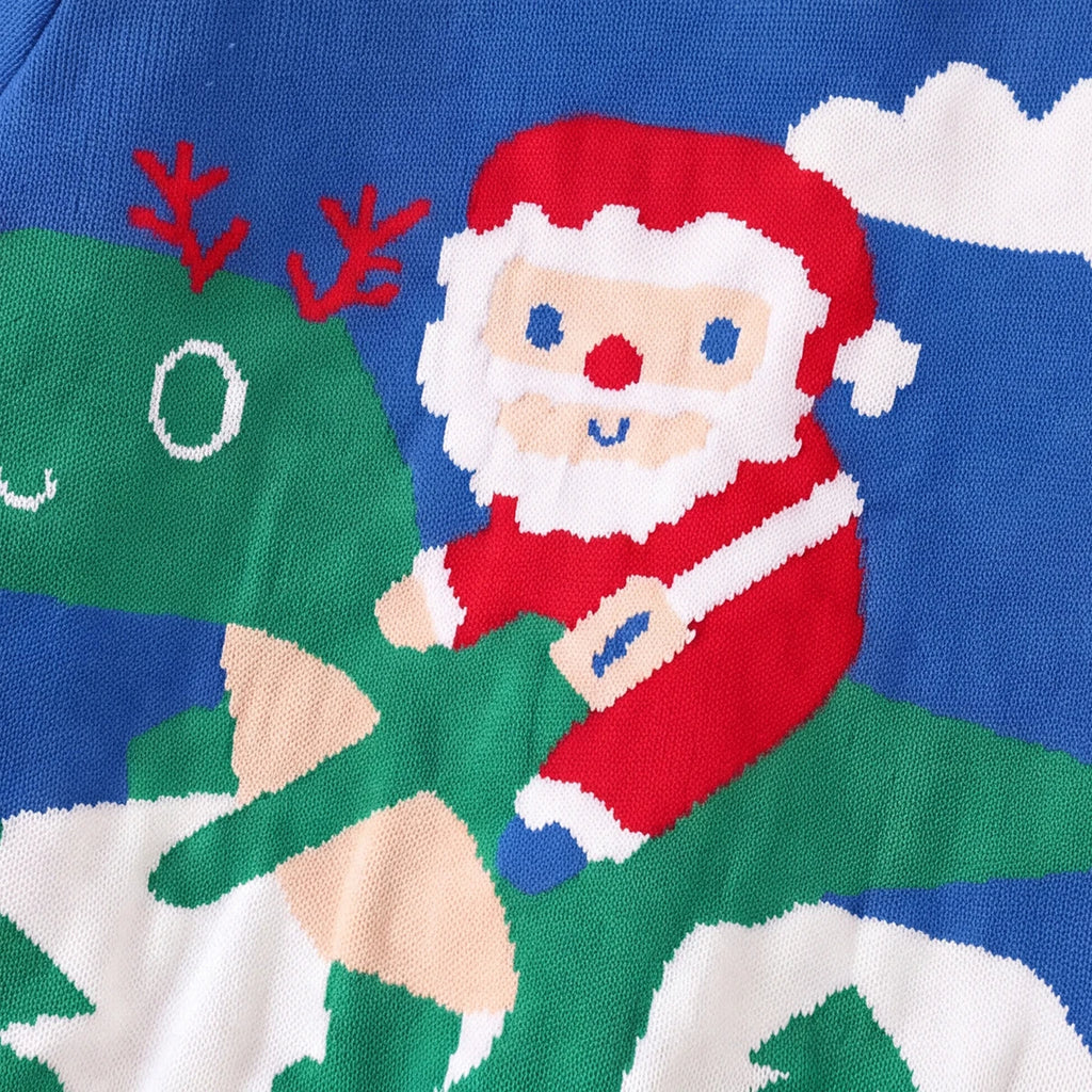 Boys Blue Sweater With Self-Design Santa Pattern Sweaters & Cardigans