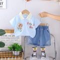 Boys Blue Bear Print Polo T-Shirt With Denim Shorts Sets Sets Sky Blue 1-2 Y
