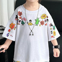 Boys White Graphics Oversized T-Shirt With Denim Cropped Pants Set Sets
