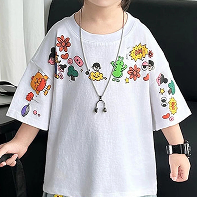Boys White Graphics Oversized T-Shirt With Denim Cropped Pants Set Sets