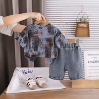 Boys Dark Grey Abstract Printed Short Sleeve T-Shirt With Distressed Denim Shorts Sets 2 pc. Sets