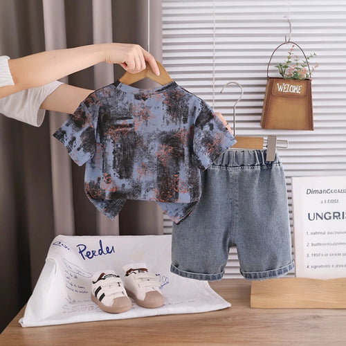 Boys Dark Grey Abstract Printed Short Sleeve T-Shirt With Distressed Denim Shorts Sets 2 pc. Sets