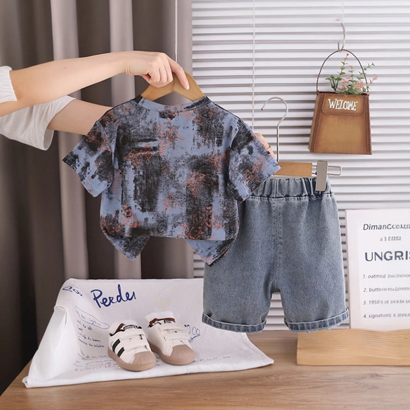 Boys Dark Grey Abstract Printed Short Sleeve T-Shirt With Distressed Denim Shorts Sets 2 pc. Sets