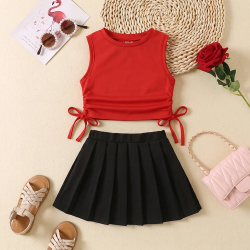 Girls Red Sleeveless Ruched Top With Pleated Skirt Sets 2 pc. Sets Red 3-4 Y
