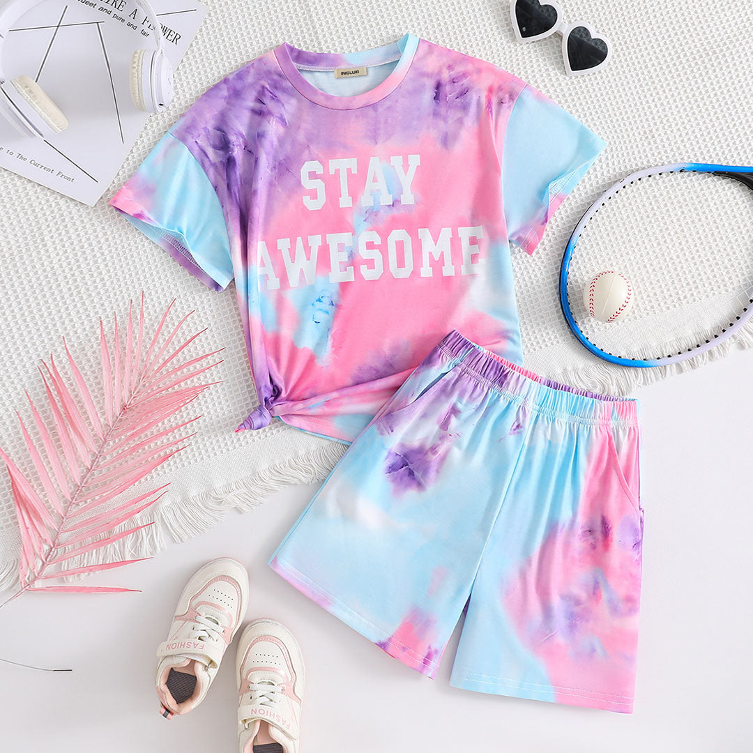 Girls Sky Blue Tie & Dye Printed T-Shirt With Shorts Set 2 pc. Sets Sky Blue 5-6 Y