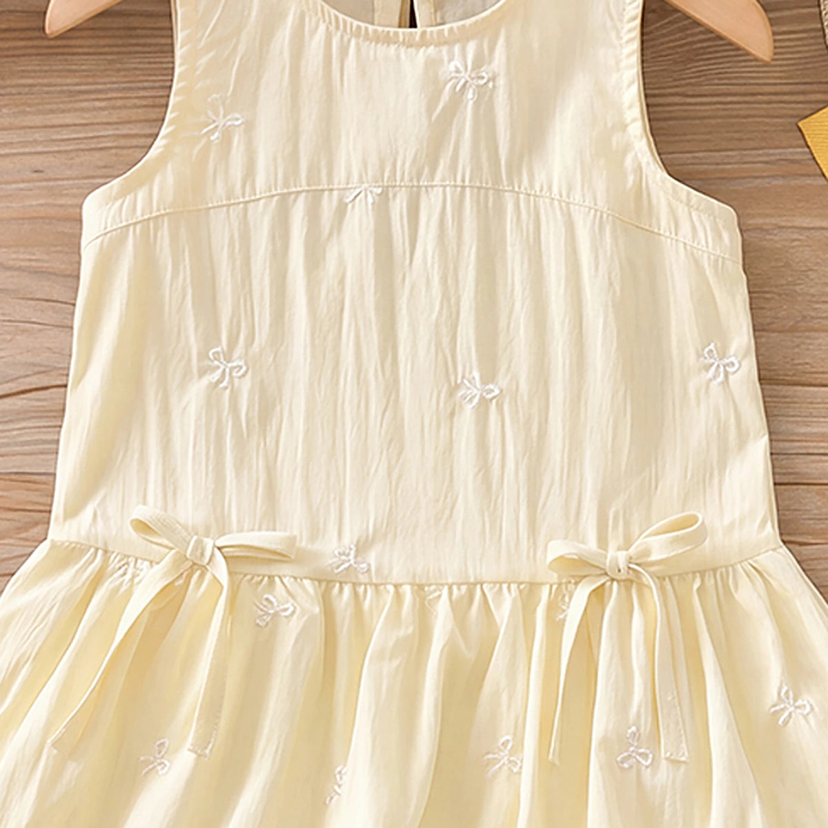 Girls Yellow Bow Print Sleeveless Balloon Dress Casual Dresses