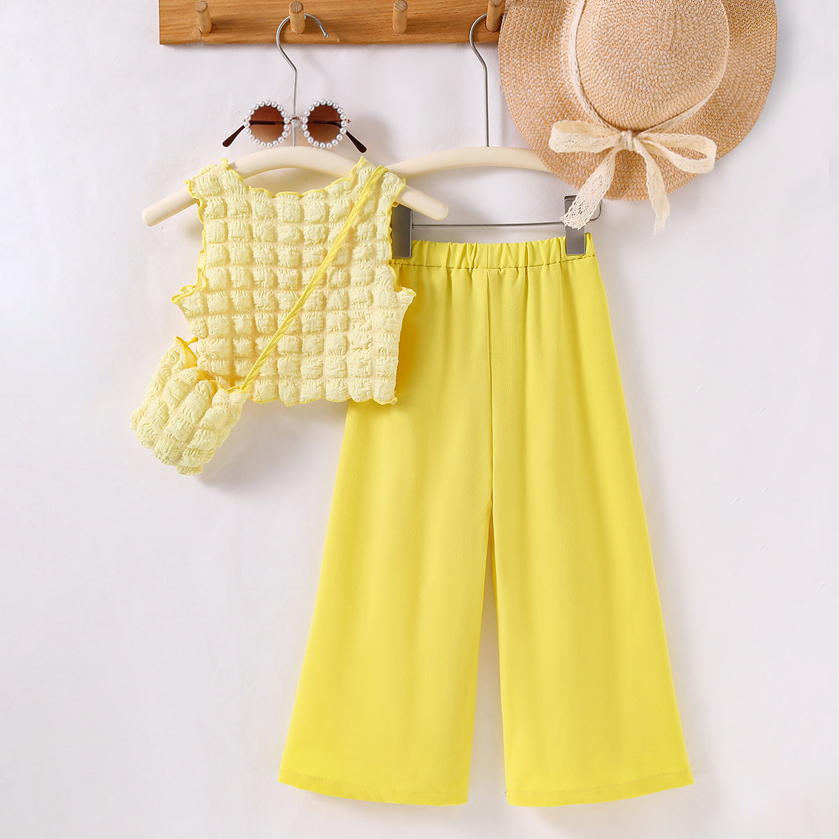 Girls Sleeveless Textured Crop Top With Sling Bag And Yellow Pants Set 3 pc. Sets