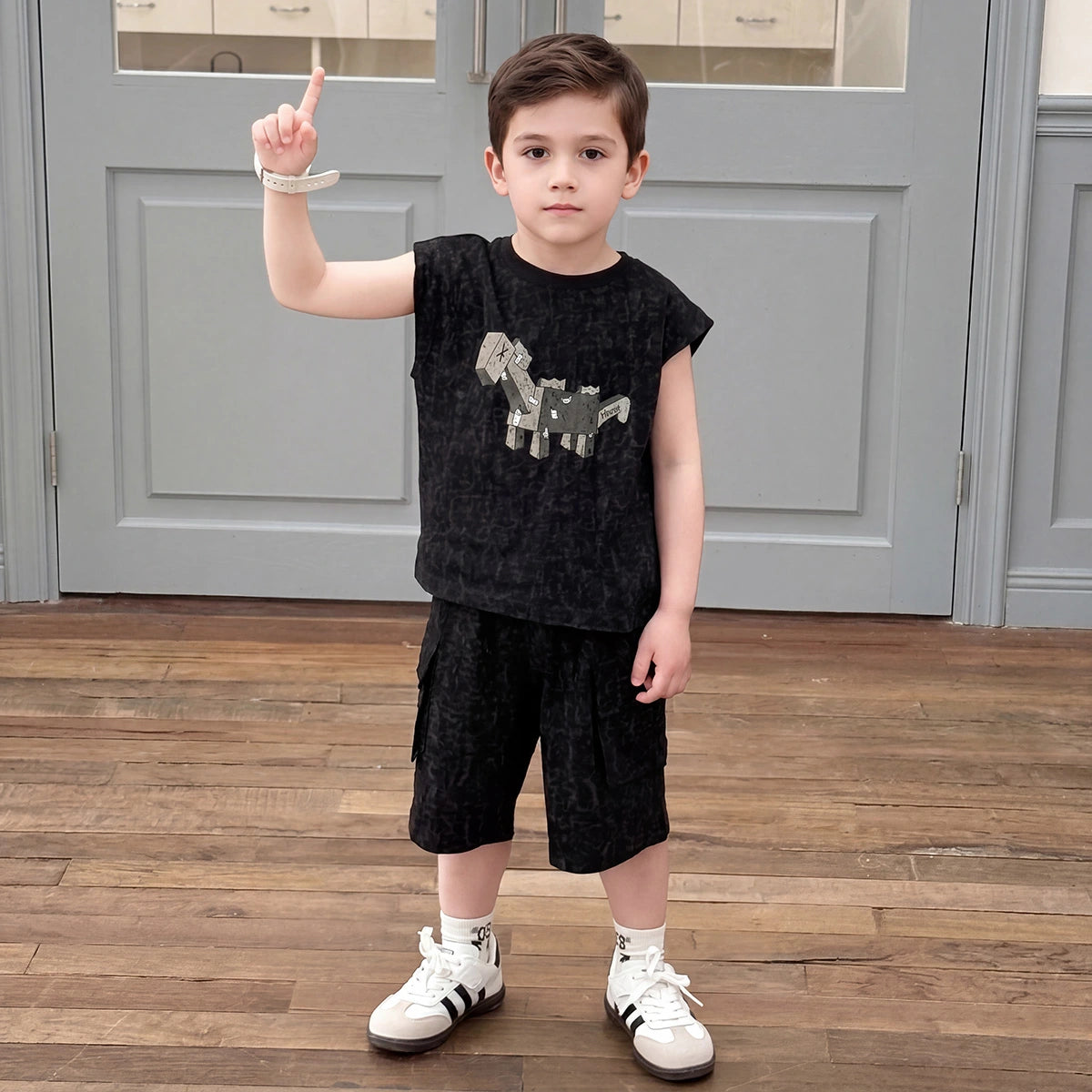 Boys Black Dinosaur Graphic T-Shirt With Shorts Sets Sets Black 1-2 Y