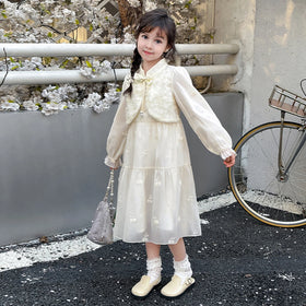 Girls Off White Embroidered Tiered Party Dress With Long Sleeves Party Dresses