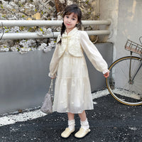 Girls Off White Embroidered Tiered Party Dress With Long Sleeves Party Dresses