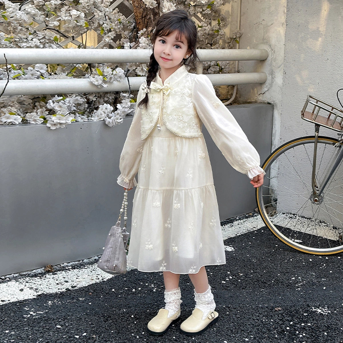 Girls Off White Embroidered Tiered Party Dress With Long Sleeves Party Dresses