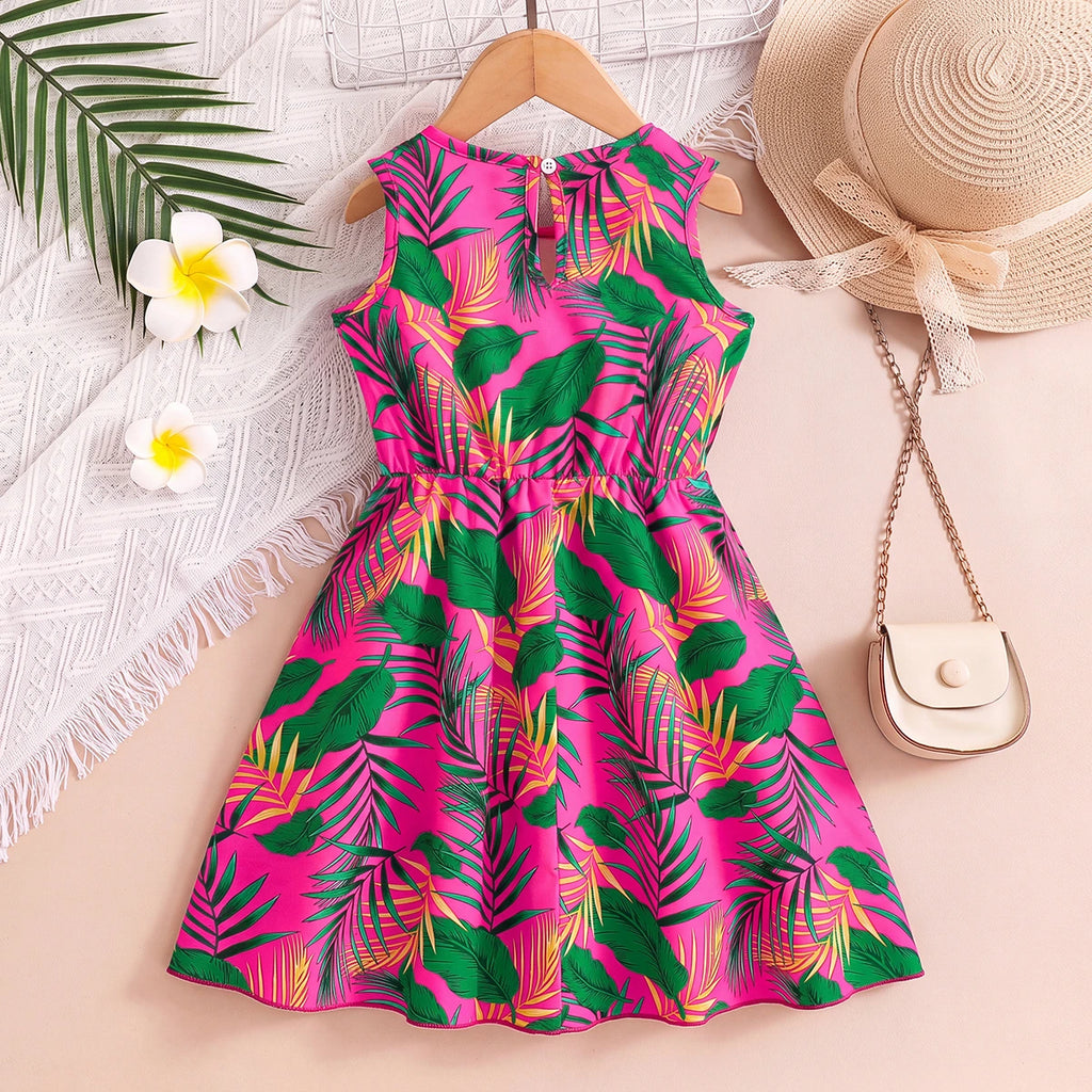 Girls Multicolour Tropical Print Sleeveless Fit & Flare Dress Casual Dresses
