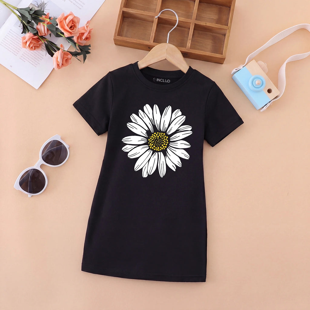 Girls Black Floral Print Short Sleeve T-Shirt Dress Casual Dresses Black 4-5 Y