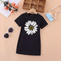 Girls Black Floral Print Short Sleeve T-Shirt Dress Casual Dresses Black 4-5 Y