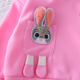 Girls Pink Solid Rabbit Applique Hooded Sweatshirt With joggers Set 2 pc. Sets