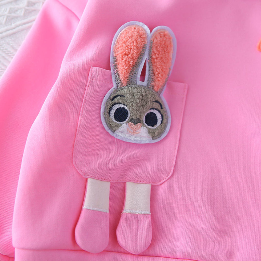Girls Pink Solid Rabbit Applique Hooded Sweatshirt With joggers Set 2 pc. Sets