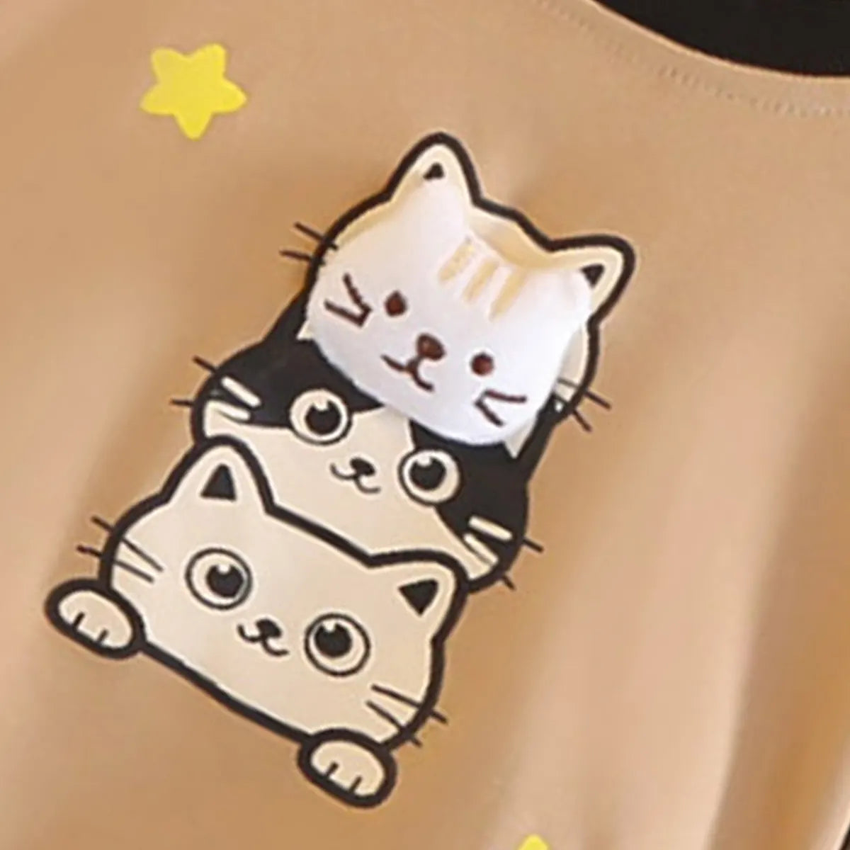 Boys Khaki Cat Printed T-Shirt With Stripe Pants Sets Sets
