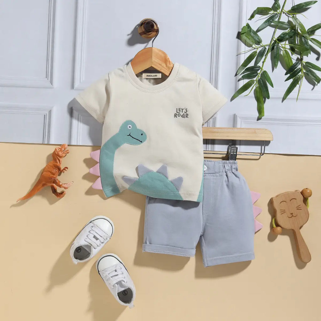 Boys Beige Dinosaur Applique Short Sleeve T-Shirt With Elasticated Shorts Sets 2 pc. Sets Beige 0-3 M