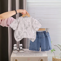 Boys Beige Typographic Printed Short Sleeve T-Shirt With Denim Shorts Sets 2 pc. Sets