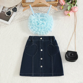Girls Sky Blue 3D Flower Applique Crop Top With Denim Skirts Set Sets Sky Blue 2-3 Y